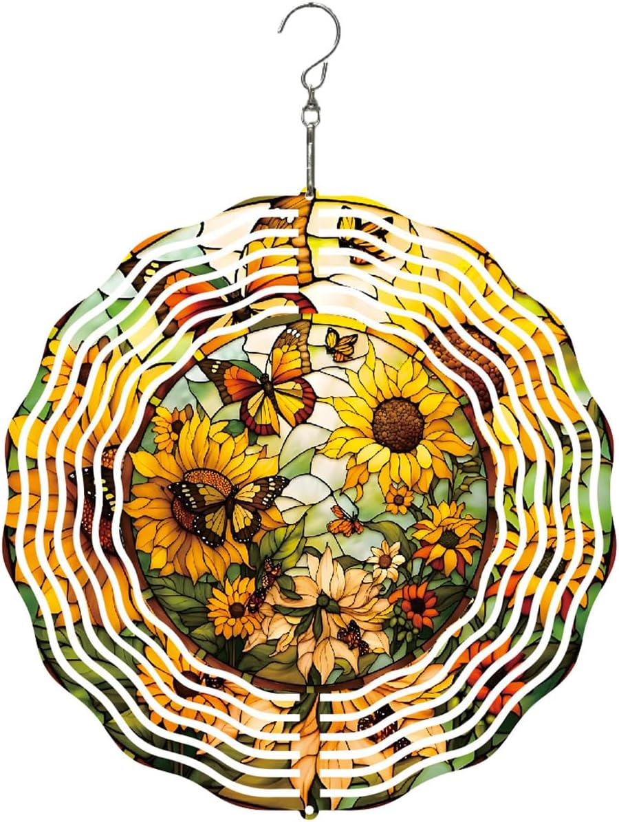 Metal Wind Spinners Outdoor Sunflower Decorations Garden Hanging, Festive Gifts for Women Mom Grandma, 25cm/ 9.84in 3D Wind Spinners for Garden Decor for Patio,Yard,Outdoor