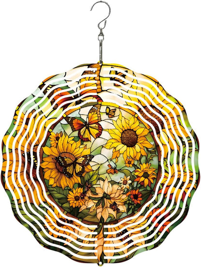 Metal Wind Spinners Outdoor Sunflower Decorations Garden Hanging, Festive Gifts for Women Mom Grandma, 25cm/ 9.84in 3D Wind Spinners for Garden Decor for Patio,Yard,Outdoor