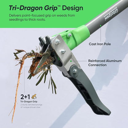 WP5 Weed Puller Tool, Stand Up Dandelion Weeder with 40" Handle, 3 Claws & Fiberglass Foot Pedal, Weeding Tool Made with Cast-Iron, Easily Remove Weeds Without Bending or Kneeling
