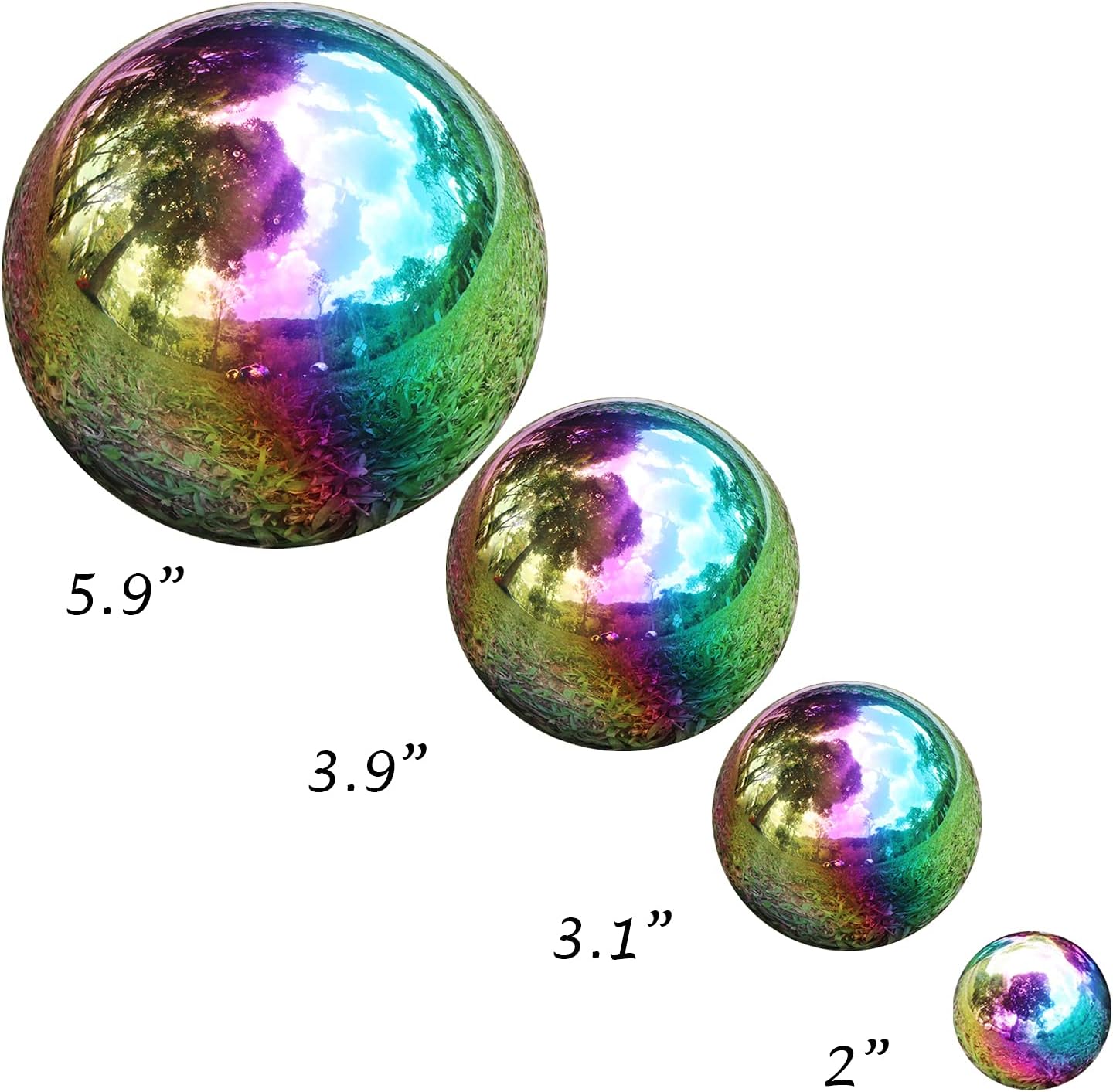 Pack of 8 Stainless Steel Gazing Balls Assorted 50-150mm Small Garden Gazing Globes Hollow Mirror Polished Seamless Reflective Sphere Balls for Home Yard Lawn Outdoor Decorations (Rainbow)