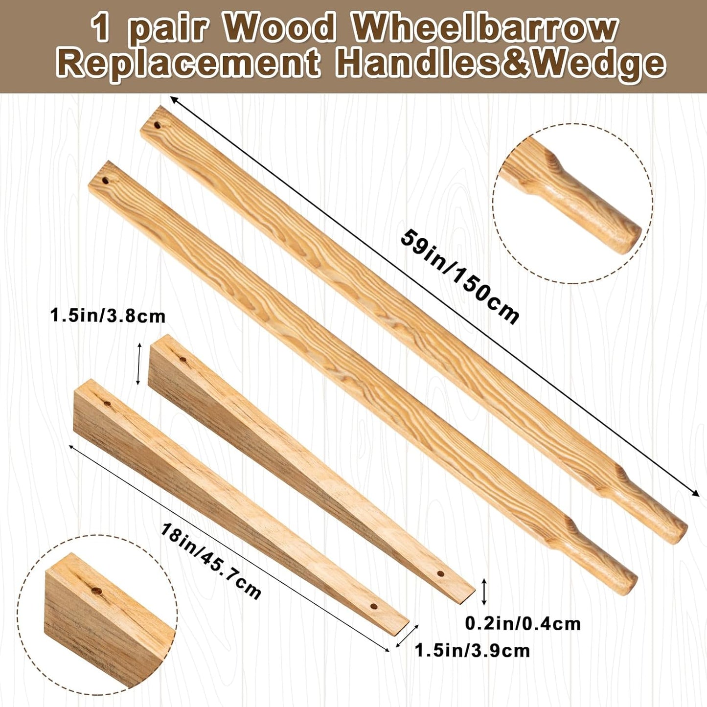 WILLBOND Wheel Barrow Handles Wood Replacement 59'' Wheelbarrow Handles Kit with 2 Wheelbarrow Wedge Heavy Duty Wood with Tough Seal Coat and Pre Drilled Holes for Wheelbarrows, Easy Install