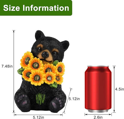 Solar Garden Decor Black Bear Outdoor Statue, Outdoor Patio Sculpture Decor LED Lights Gifts for Mom or Daughter, Garden Statues Birthday Gifts for Women Home and Yard