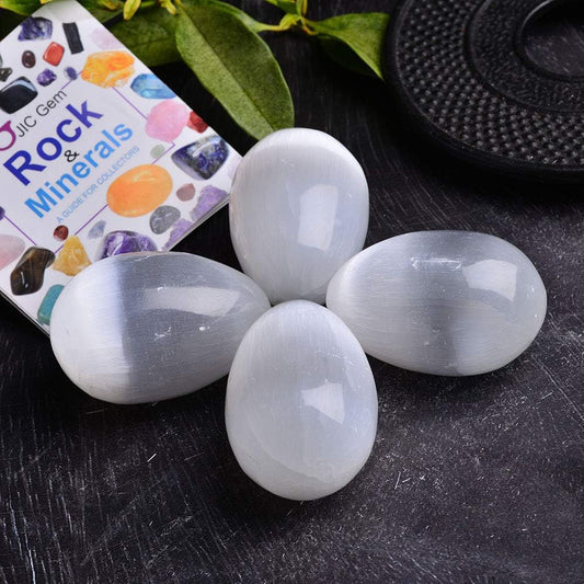 JIC Gem 4 pcs Selenite Egg-Shape Crystal Stone Large White Gemstone with Strong Healing & Calming Effects