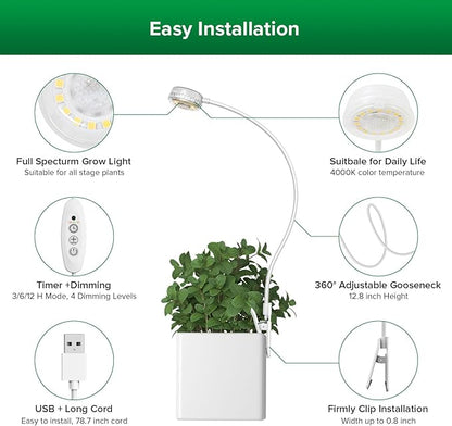 SANSI Grow Lights for Indoor Plants, ETL Listed Pot Clip LED Plant Lights for Indoor Growing, Full Spectrum, 4-Level Dimmable, Auto On Off 3 6 12 Hrs Timer for Small Plants,Garden White 5V 6-Pack