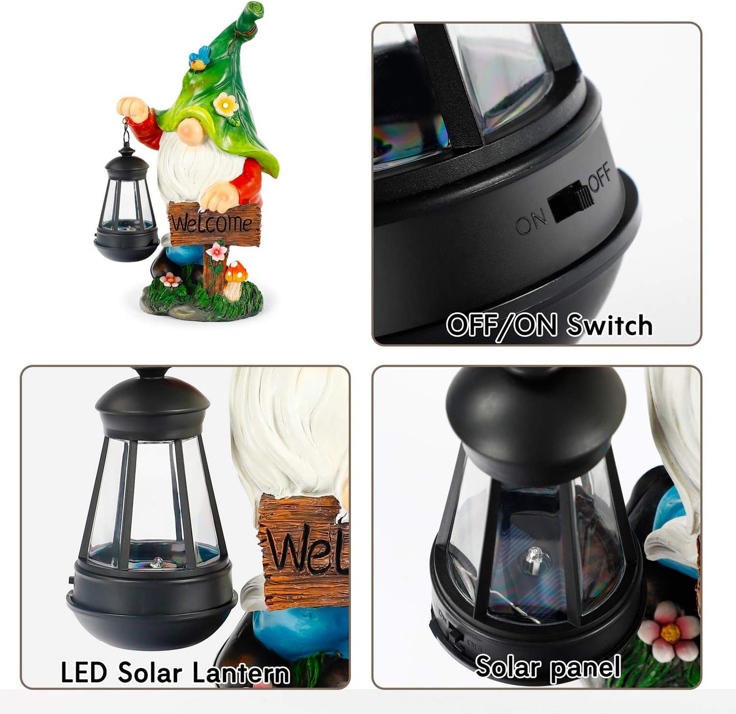 Garden Gnome Statue, Resin Figurine with Bright Solar Lantern Lights and Welcome Sign, Outdoor Solar Illumination Decorations for Indoor Patio Lawn Garden Room,Birthday Housewarming Gift