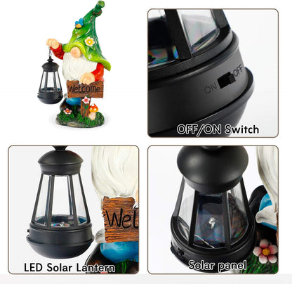 Garden Gnome Statue, Resin Figurine with Bright Solar Lantern Lights and Welcome Sign, Outdoor Solar Illumination Decorations for Indoor Patio Lawn Garden Room,Birthday Housewarming Gift