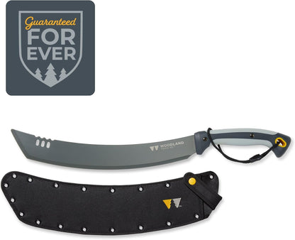 Woodland Tools Heavy Duty Machete – 16 Inch Curved Parang Blade with Full Tang, Ergonomic Handle, and Ballistic Nylon Sheath – Manual Brush Cutter for Thick Vegetation and Trail Clearing