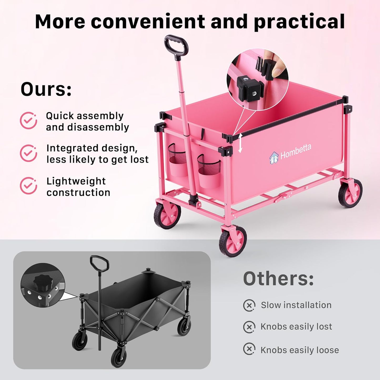 Collapsible Wagon Cart with Wheels, 150L Lightweight Foldable Utility Cart, Portable Rolling Wagon for Garden, Shopping, Sports, Camping, Transport, Pink