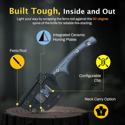 OUTDOOR ELEMENT Contour Feather Survival and Culinary Knives – VG10 Steel Fixed Blade with Fire Starter, Hex Driver, Knife Sharpener, Sheath & Built in Whistle - Built For Camping & Outdoor Adventure