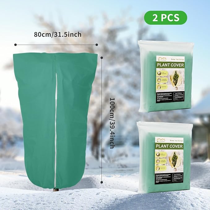 2 Pack 43"x32" Winter Plant Cover Freeze Protection Frost Cloth Blankets, 3 oz/yd² Frost Covers with Zipper Drawstring, Frost Protection Tree Cover for Outdoor Plant Cold Weather Protector