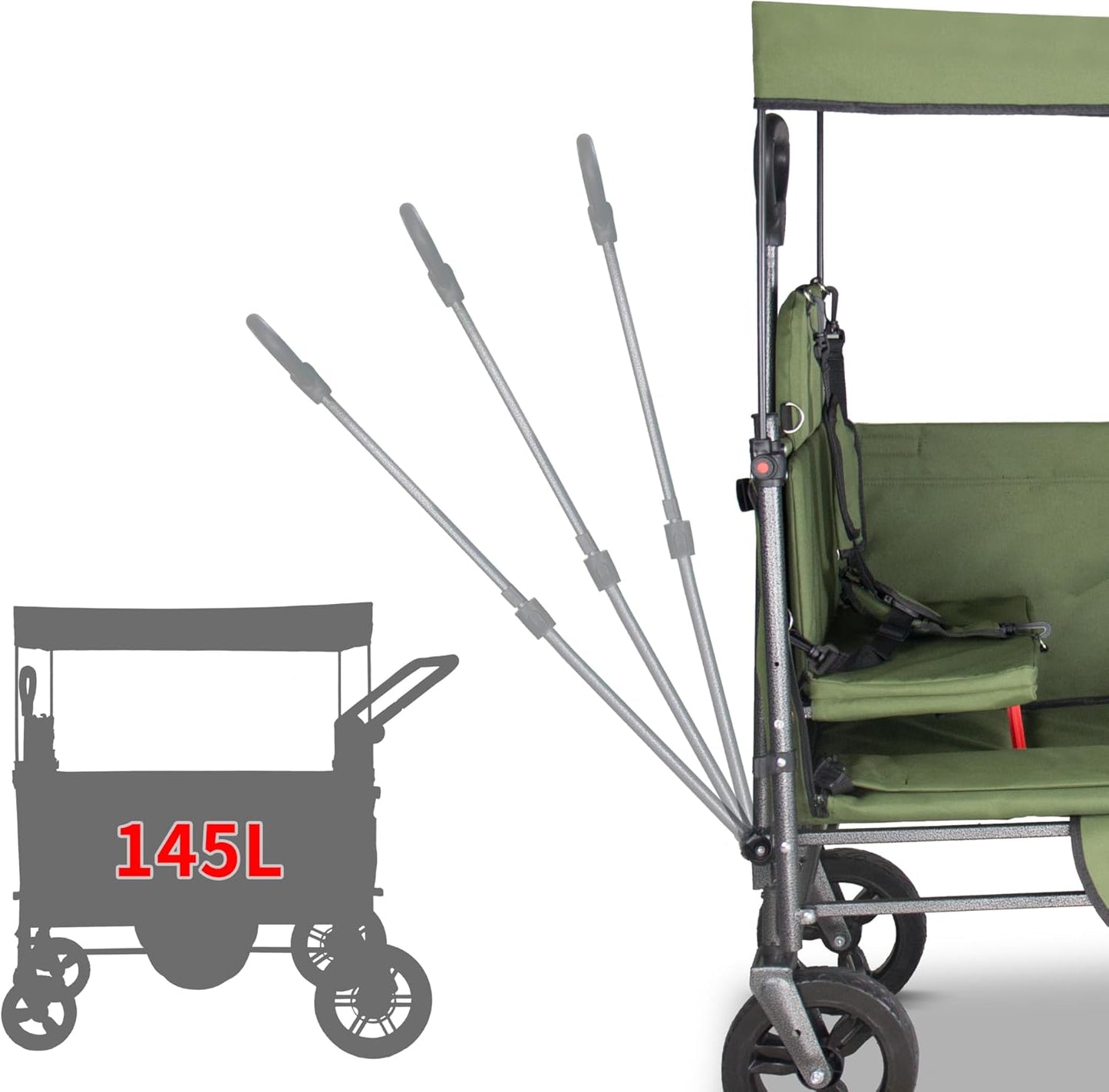 TMZ Collapsible Wagon Cart with Side-Opening Seat Conversion Design, Foldable Utility Wagon with 2 Seats, Heavy Duty Wagon 265 lbs Load Capacity (Green)