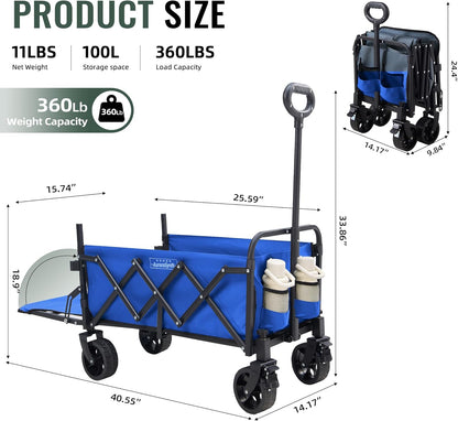 40'' Extra Long Collapsible Wagons Carts Foldable, 360LBS Foldable Wagon Cart with Wheels, Heavy Duty Portable Utility Wagon for Grocery, Shopping, Sports Garden & Camping - Navy Blue