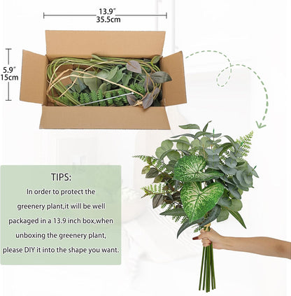 Artificial Greenery Stems Box Set, 5 Kinds Mixed Eucalyptus Leaves Silver Dollar Fern Monstera Leaf Faux Plants Bulk for DIY Bouquets Wedding Floral Arrangements Table Centerpieces Vase Decor