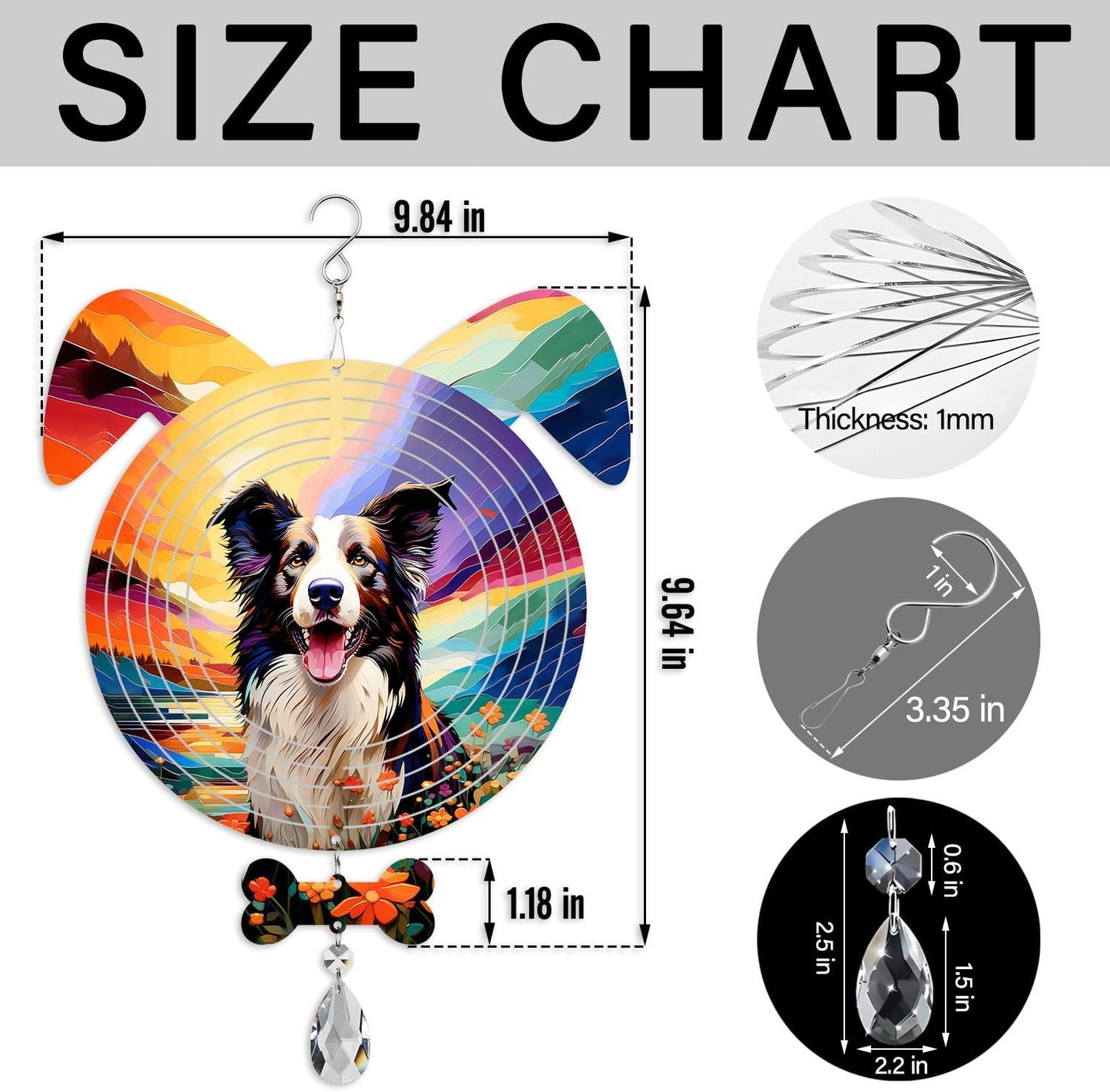 Border Collie Dog Ears Wind Spinner, Border Collie Wind Spinner Hanging for Yard and Garden