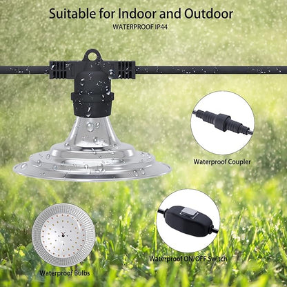 6-Light Outdoor LED Grow Lights – Waterproof Full Spectrum Greenhouse Lights for Plants, 21.3FT Adjustable String Lights with 288 LEDs E26 Base Bulbs, IP44 Waterproof for Garden, Farm, Yard