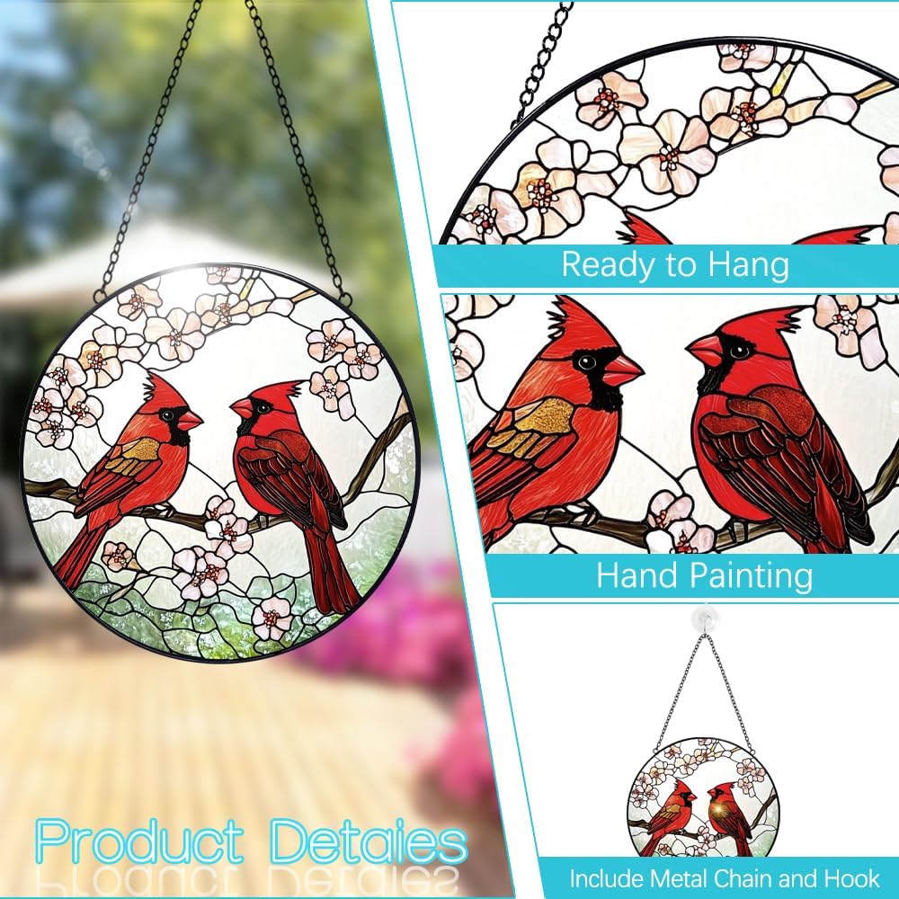 Cardinal Suncatcher Stained Glass Window Hanging - 8” Stained Glass Suncatchers for Windows - Sun Catchers Indoor Window Catcher with Hooks and Chain - Birthday Gifts for Mom Grandma