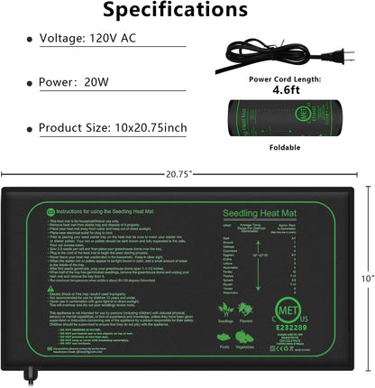 Seedling Heat Mat for Indoor Home Gardening Seed Starting, 10"x 20.75" Plant Heating Pad, Warm Germination Hydroponic MET Certified Waterproof, 21W(2 Count (Pack of 1))