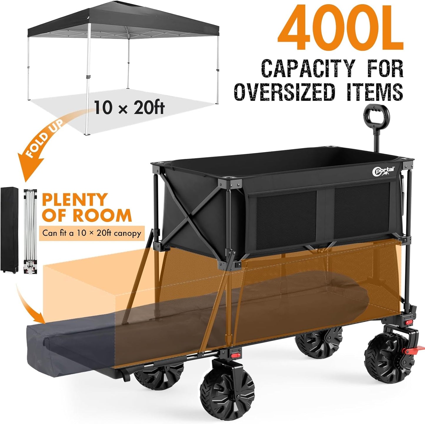 Portal Collapsible Large Double Decker Wagon with Brakes, 660lb Foldable Heavy Duty Utility Wagon Cart, 400L All-Terrain Big Wheels & 54" Extra Long Extender for Sports, Camping & Outdoor Use
