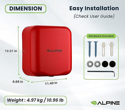 Alpine Automatic Hand Dryers for Bathrooms Commercial High Speed 110-120V Stainless Steel Electric Hand Dryer, Plug In & Hardwire Options with Air Filter, ADA & UL Compliant & 5 Years Coverage (Red)