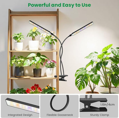 Grow Lights for Indoor Plants, 2 Head 114 LED Full Spectrum Clip on Plant Lights for Indoor Growing with 6/12/16H Timer, 5 Dimming, 3 Light Mode, Black Gooseneck Grow Lamp