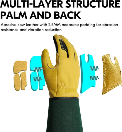 Vgo... Safety Work Gloves Men,Extra-long Cuff, Cow Grain Leather,Puncture-proof, Thornproof, Durability, Touchscreen,Gardening (1 Pair,Size XS, Golden Green, CA7472)