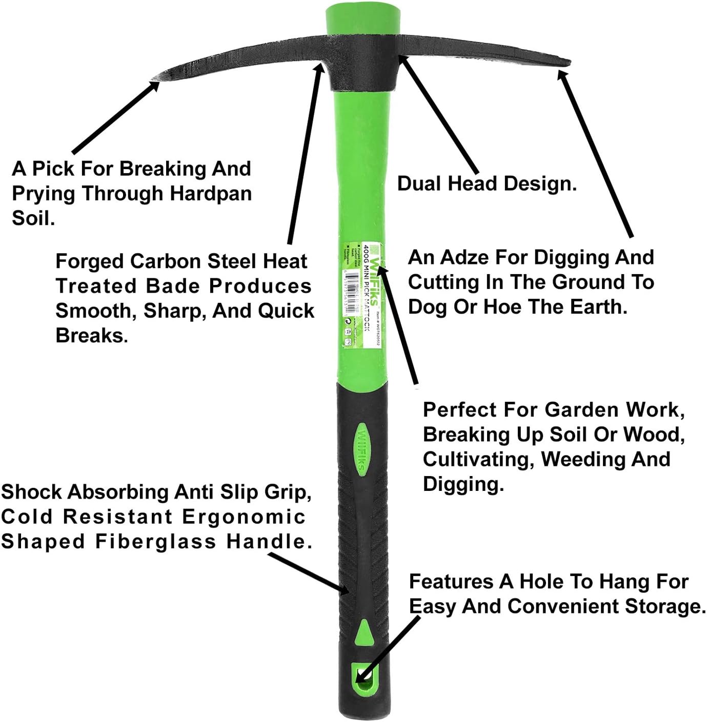 WilFiks Pick Mattock, 15" Heavy Duty Pick Axe Hand Tool with Forged Heat Treated Carbon Steel, Adze Hoe for Weeding, Prying and Digging Anti-Slip Grip, Fiberglass Ergonomic Shock Reduction Handle