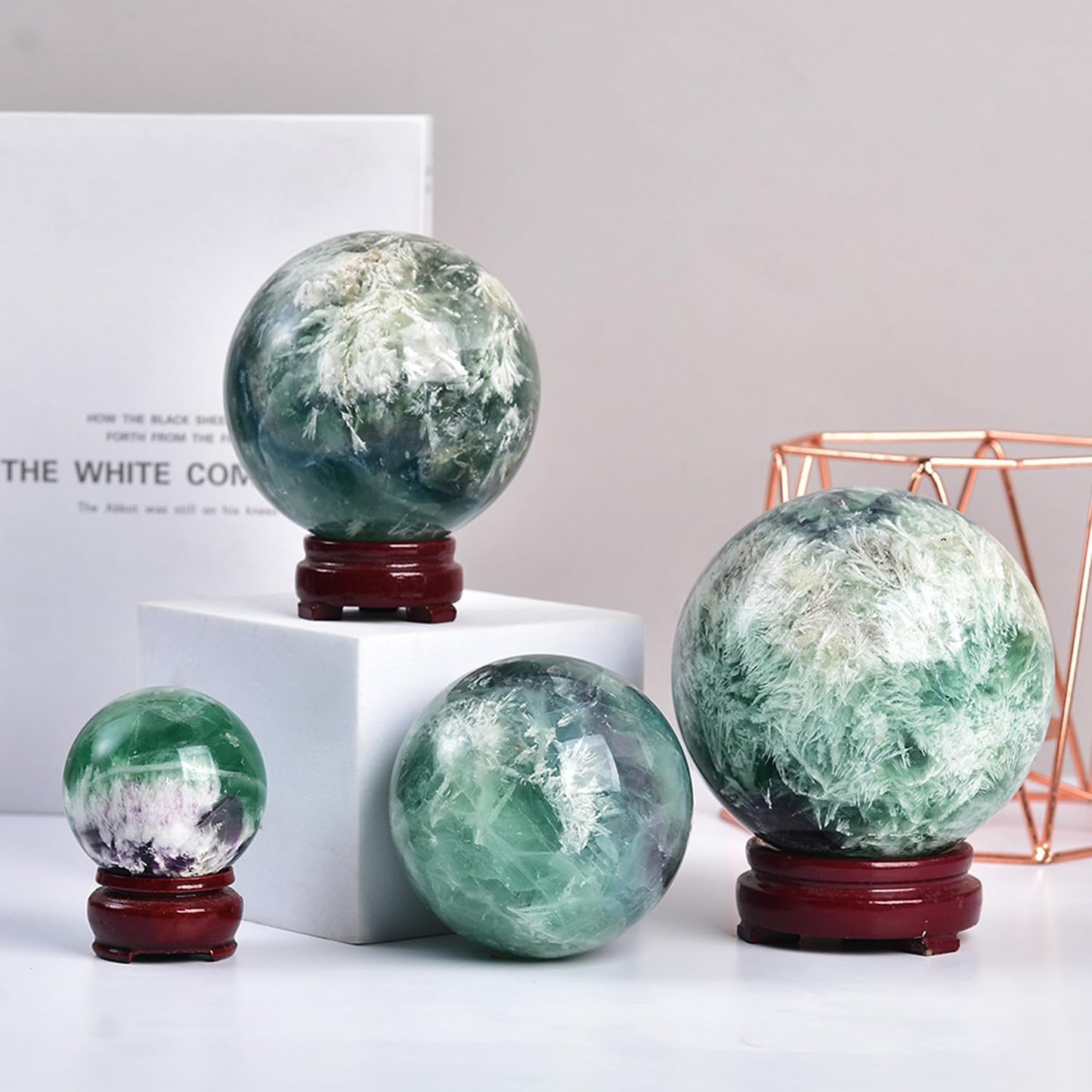 JIC Gem Large Crystal Ball Feather Fluorite Healing Crystals Sphere with Wooden Stand Meditation Home Decor 3.5-4 inch (90-100mm)