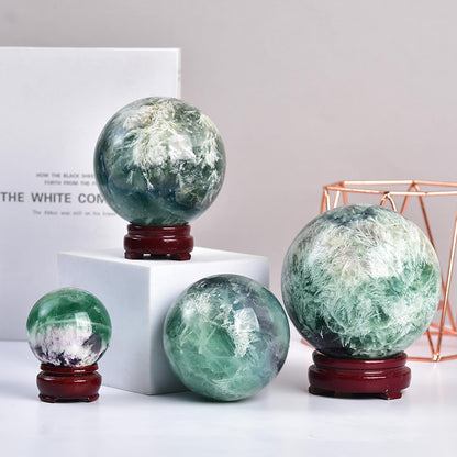 JIC Gem Large Crystal Ball Feather Fluorite Healing Crystals Sphere with Wooden Stand Meditation Home Decor 3.5-4 inch (90-100mm)