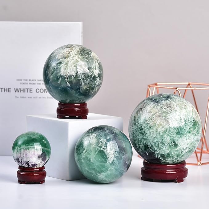 JIC Gem 3.1-3.5 inch(80-90mm) Large Crystal Ball Feather Fluorite Healing Crystals Sphere with Wooden Stand Meditation Home Decor