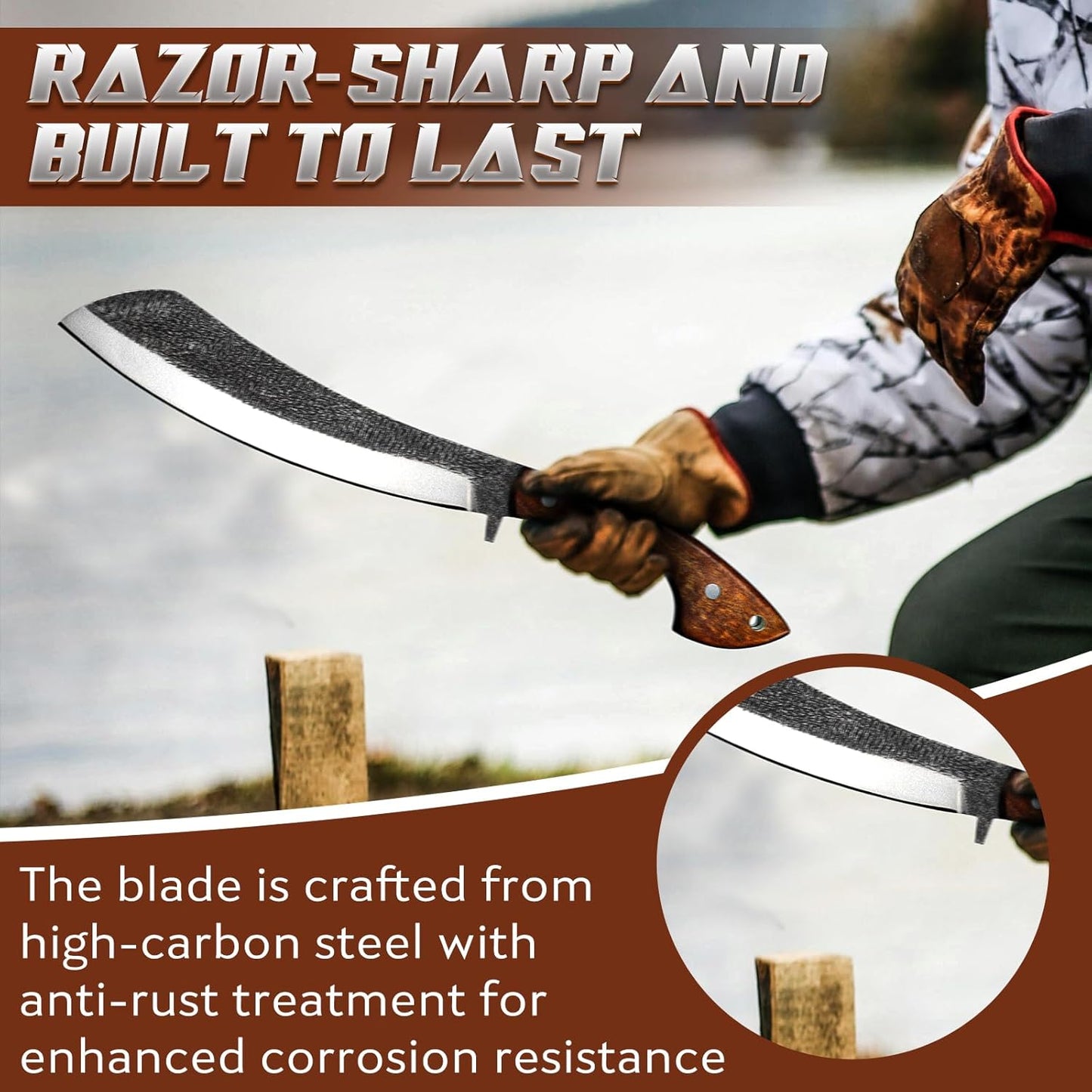 Golden Bird Parang Machete Knife - 9.5 Inch Heavy Duty Machete for Cutting Trees, Gardening, Bushcraft, Survival, Outdoor Hunting and Camping - Full Tang with Wooden Sheath - Yard Work Tool