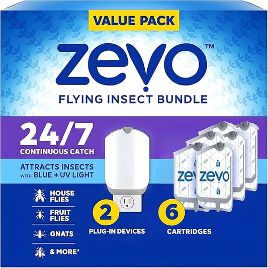 Zevo Flying Insect Trap Bundle – 2 Devices + 6 Refill Cartridges | Indoor Plug-in Fly Trap for Flies, Fruit Flies & Gnats | 24/7 Protection
