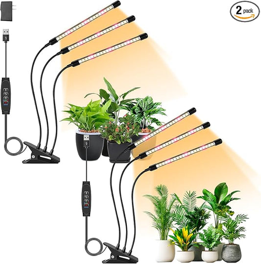 Full Spectrum LED Grow Light for Indoor Plants, 3Heads Grow Lights for Seed Starting, 10 Dimmable Levels & 3 Timer Modes (3/9/12H), Adjustable 360° Gooseneck with Clip, Plant Grow Light 2 Pack