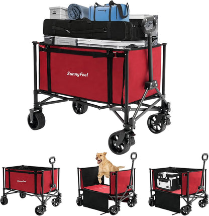 SUNNYFEEL Wagon Cart Foldable, Standard Borderless Version Collapsible Wagon with 220 LBS Max Load, Up to120L Foldable Grocery Cart with Side Opened for Groceries, Garden & Camping,Red