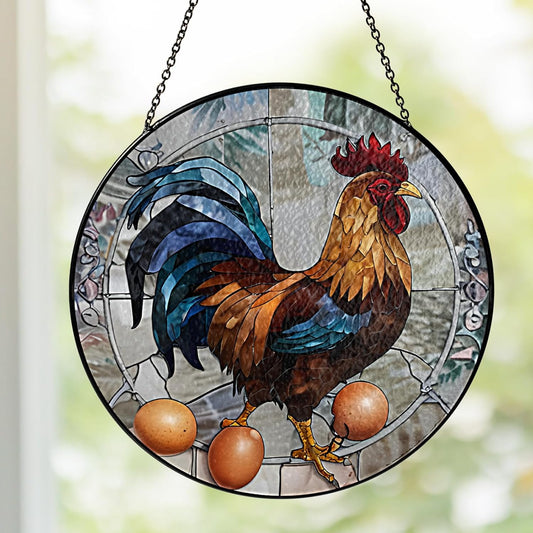 6" Rooster and Eggs Stained Glass Suncatcher Art Glass Cock Eggs Sun Catcher Indoor Window Gift for
