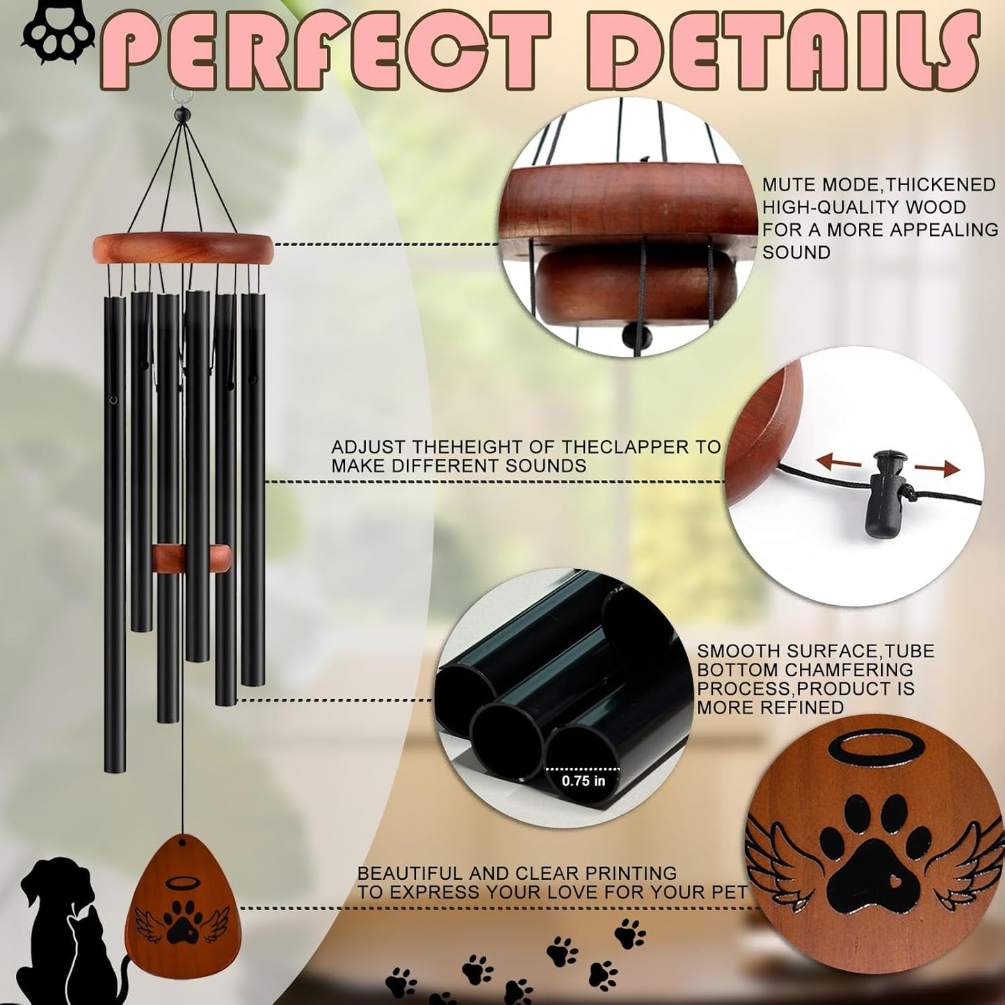 Pet Memorial Wind Chime Gift Set with Bracelet, Wooden Ornament and Sympathy Card, Black&Golden (Black)