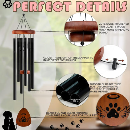 Pet Memorial Wind Chime Gift Set with Bracelet, Wooden Ornament and Sympathy Card, Black&Golden (Black)