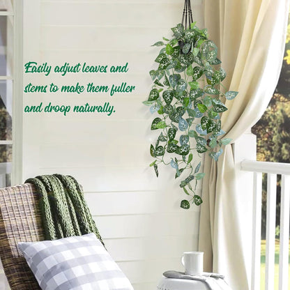 Fake Hanging Plant with Pot, Artificial Potted Fern Plant, 28.7-in Long Faux Hanging Vine Plant for Shelf Home Office Indoor Outdoor Garden Greenery Decor (Black Pot)