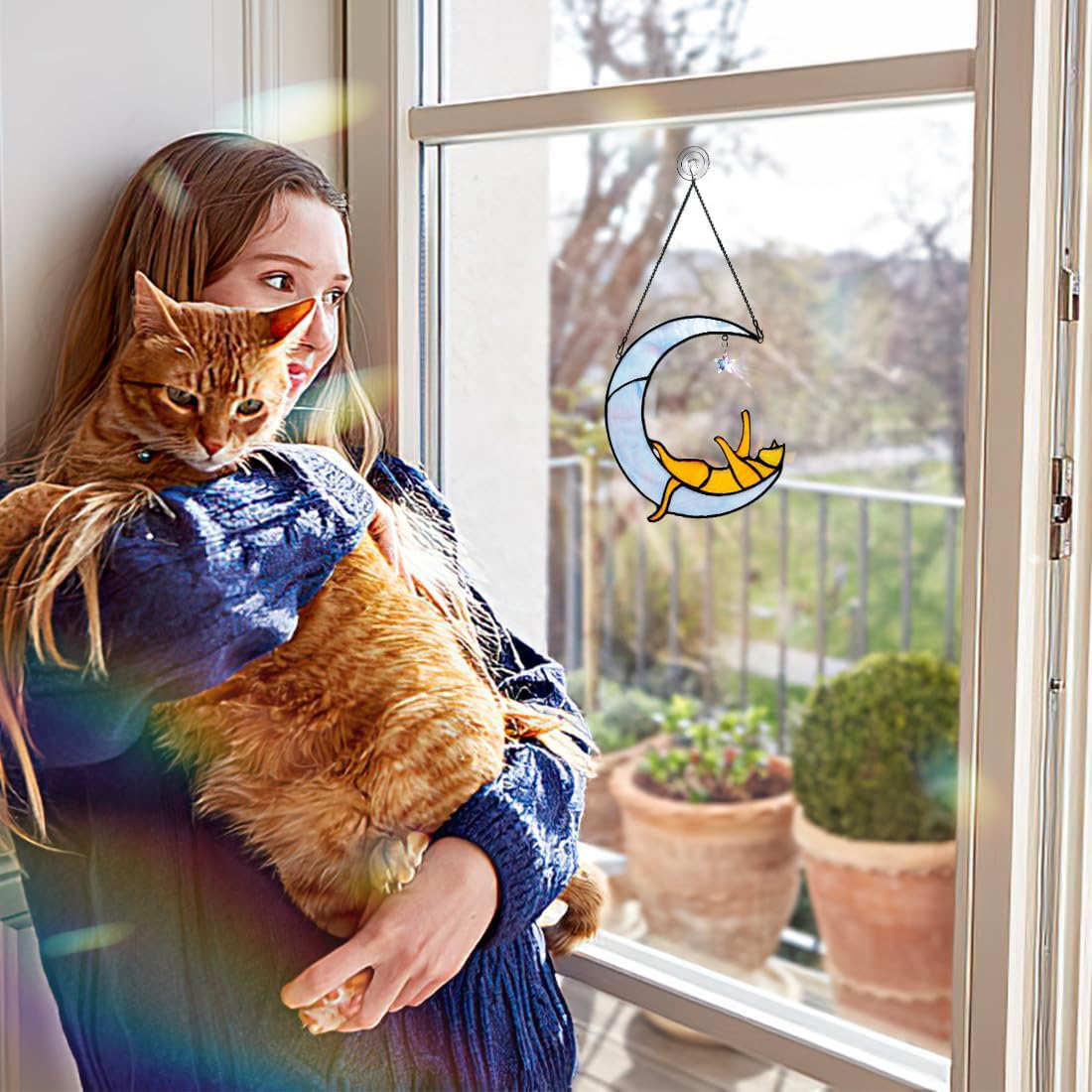 Orange Cat on Moon Stained Glass Suncatchers Star Crystal Decor,Rainbow Stained Glass Window Hangings,Funny Cat Lover Themed Gifts for Women Mom