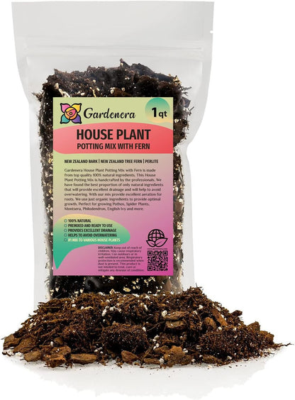 Premium Gardenera House Plant Potting Mix | Fern + New Zealand Bark + Perlite | Great for Pothos, Spider Plants, Montsera, Philodendron, English Ivy - 1 Quart Bag