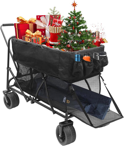 Nice C Push Wagon, Double Decker Wagon, Folding Wagon, Wagons Carts Foldable, Collapsible Wagons, 400L Capacity, Foldable, 47'' Extendable, 4" Wide All Terrain Wheels