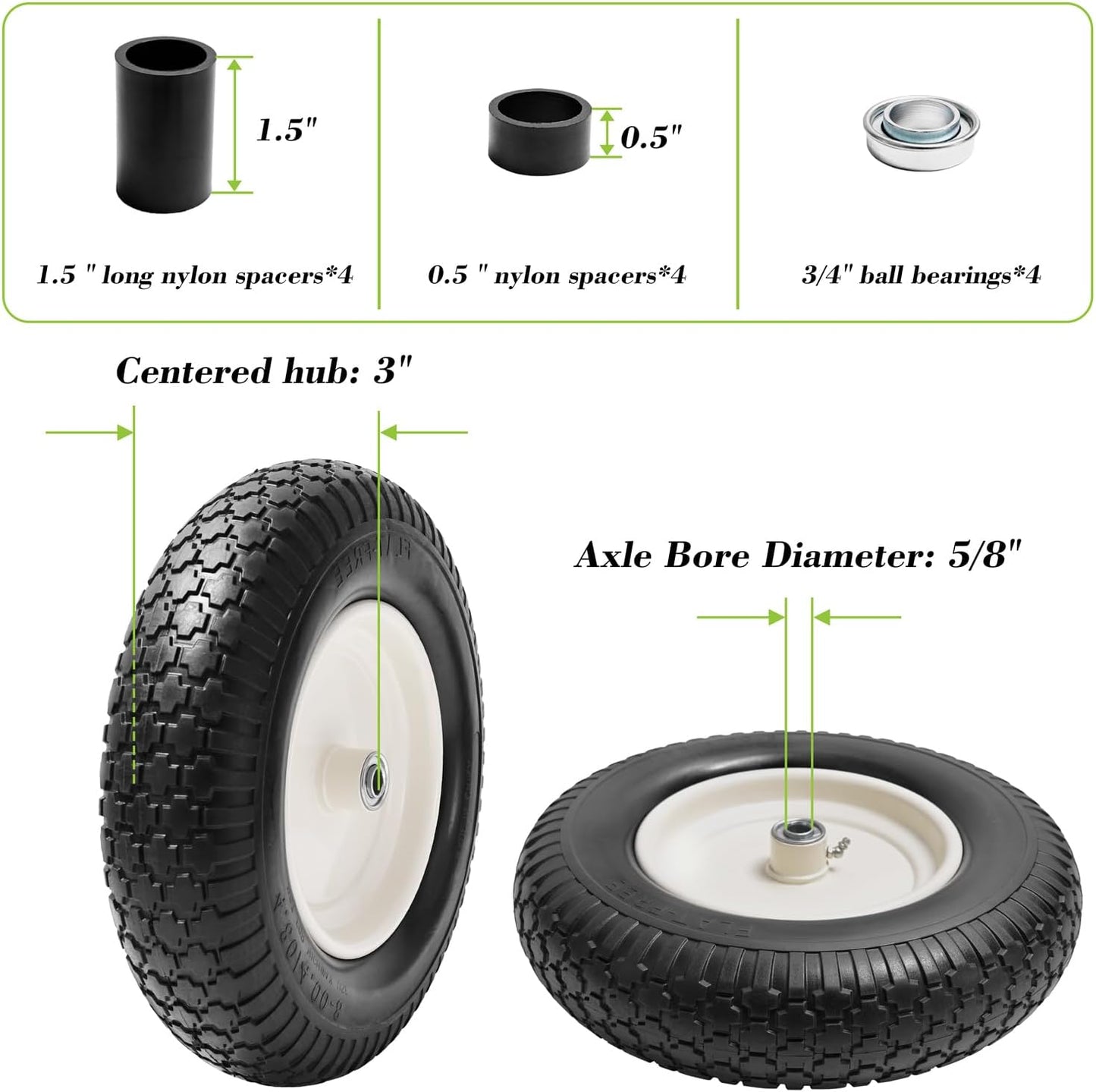 Parts Camp 4.80/4.00-8" Flat Free Wheelbarrow Tire and Wheel - 16" Universal Fit for Garden Wagon, Cart, Trolley, Dolly - 5/8" & 3/4" Bearings, 3" Centered Hub (2 Pack)