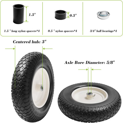 Parts Camp 4.80/4.00-8" Flat Free Wheelbarrow Tire and Wheel - 16" Universal Fit for Garden Wagon, Cart, Trolley, Dolly - 5/8" & 3/4" Bearings, 3" Centered Hub (2 Pack)