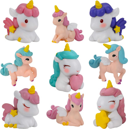 Mood Lab Miniature Unicorn Figurines Set - Funny Mini Statue Kit of 9 pcs - Unicorn Fairy Garden Accessories