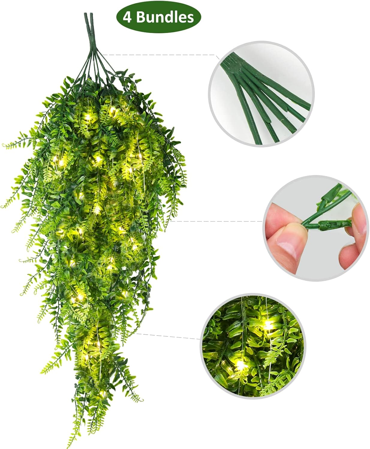 RECUTMS Artificial Boston Ferns 4 Pack Fake Hanging Plants with 30 LED Lights Faux Ivy Vine Leaves Plastic Greenery UV Resistant for Home Bedroom Wall Porch Garden Wedding Decor (Green)