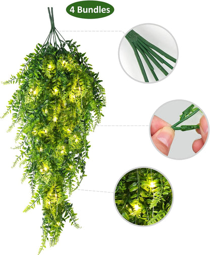 RECUTMS Artificial Boston Ferns 4 Pack Fake Hanging Plants with 30 LED Lights Faux Ivy Vine Leaves Plastic Greenery UV Resistant for Home Bedroom Wall Porch Garden Wedding Decor (Green)
