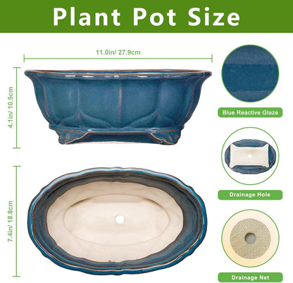 Bonsai Tree Pot - 11 Inch Ceramic Succulent Pots, Bonsai Planter for Indoor Outdoor, Decorative Plant Pot with Drainage Hole, Oval Flower Pot, Home Garden Decor, Garden Gifts, Retro Blue