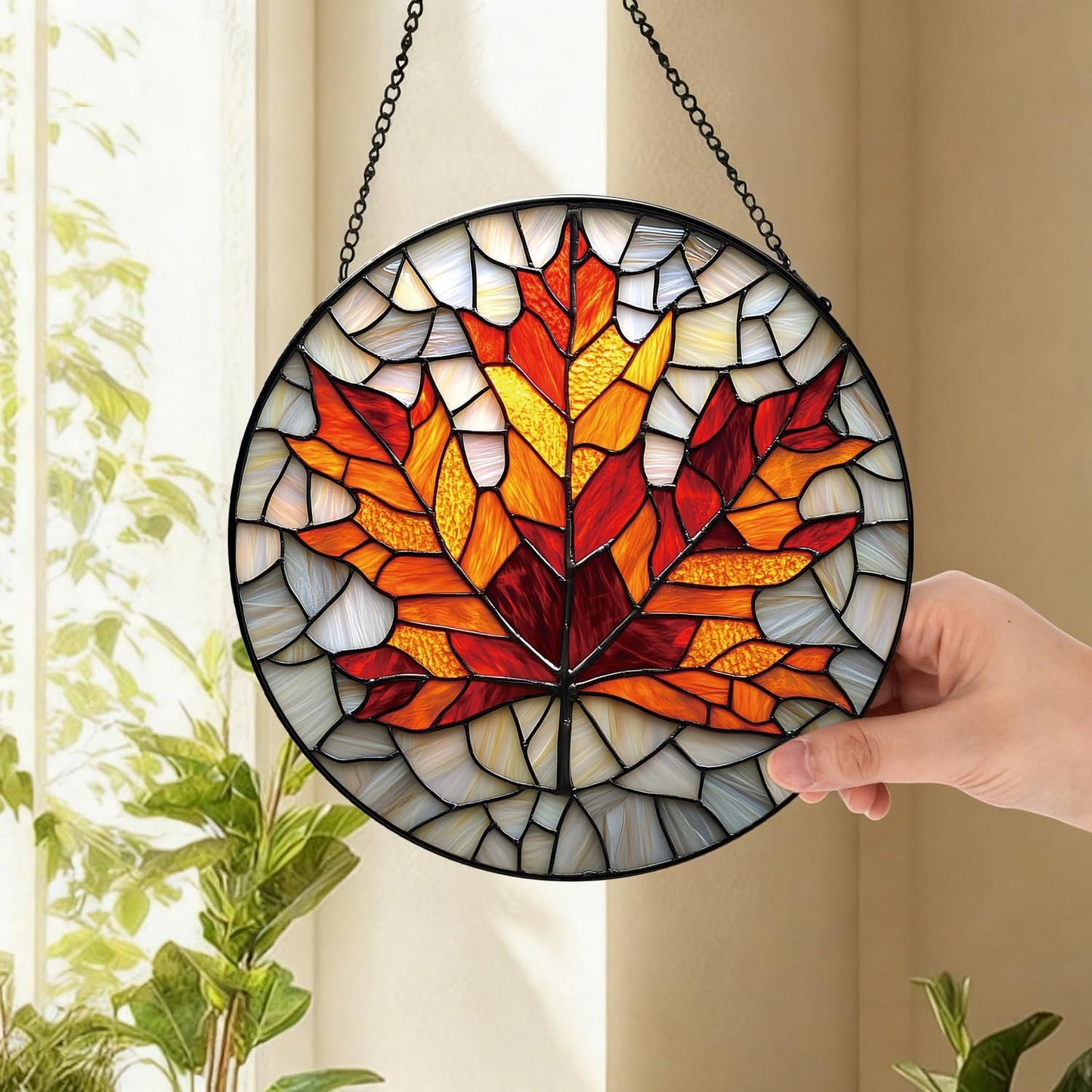 Rustic Autumn Maple Leaves Suncatcher -7.9 in Stained Glass Window Hanging Sun Catcher Garden Decor