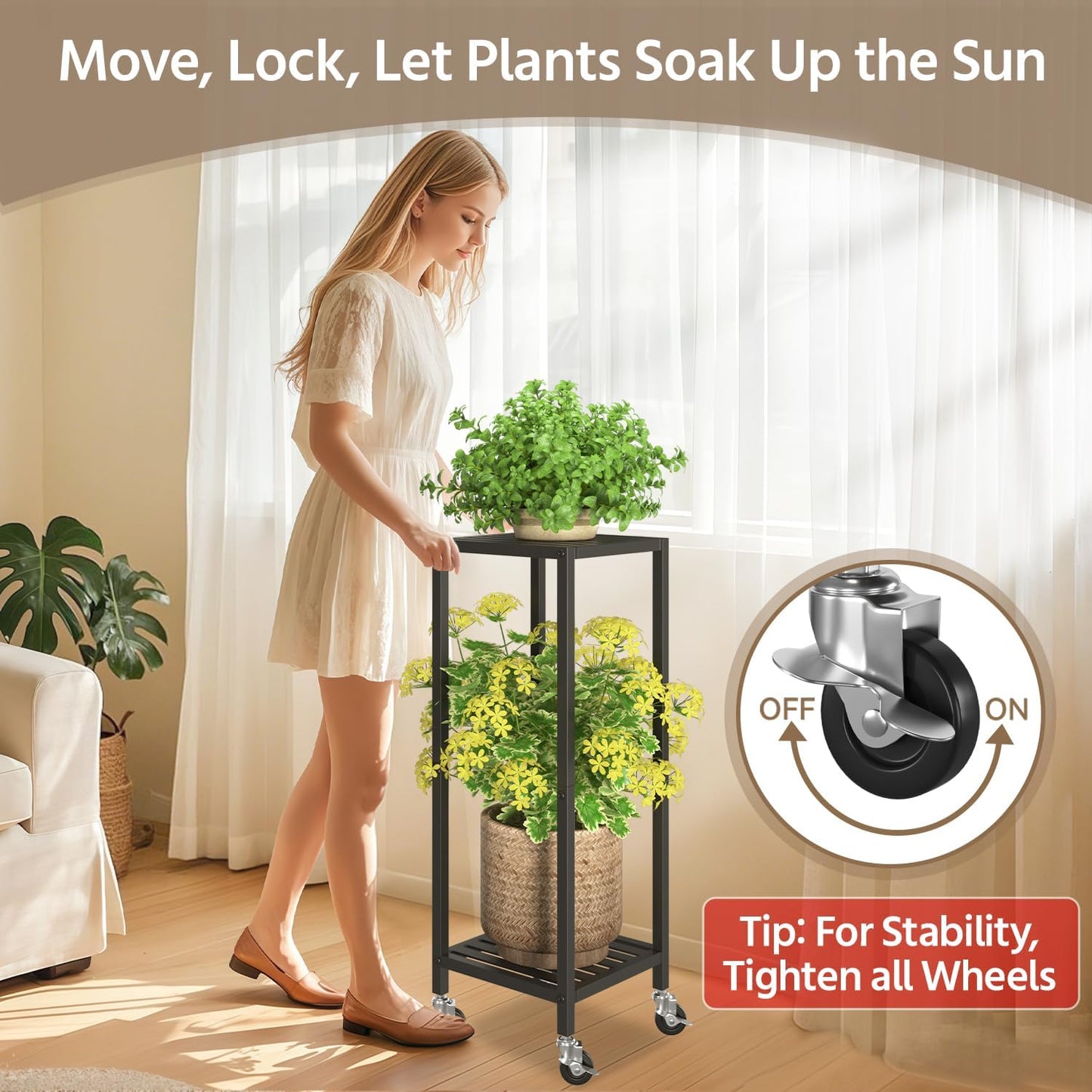LASZOLA 2 Tier Black Metal Plant Stand Indoor Outdoor with Wheel for Large Planter, Modern Heavy Duty Tall Rolling Rack for Corner House Bathroom Patio Floor, Iron Flower Shelf Holder for Orchid Fern