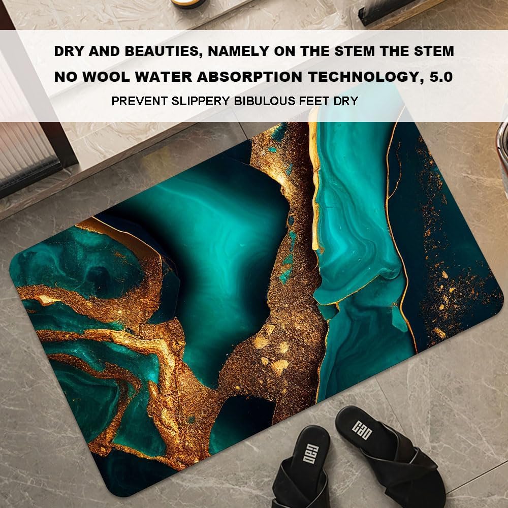 Bath Mat-Bathroom Rug，Cyan and Gold Marble-Absorbent Non Slip Quick Dry Stain Resistant Easy to Clean Care Shower Rug for Bathtub Shower Room 17×27.5Inch (43 * 70cm)