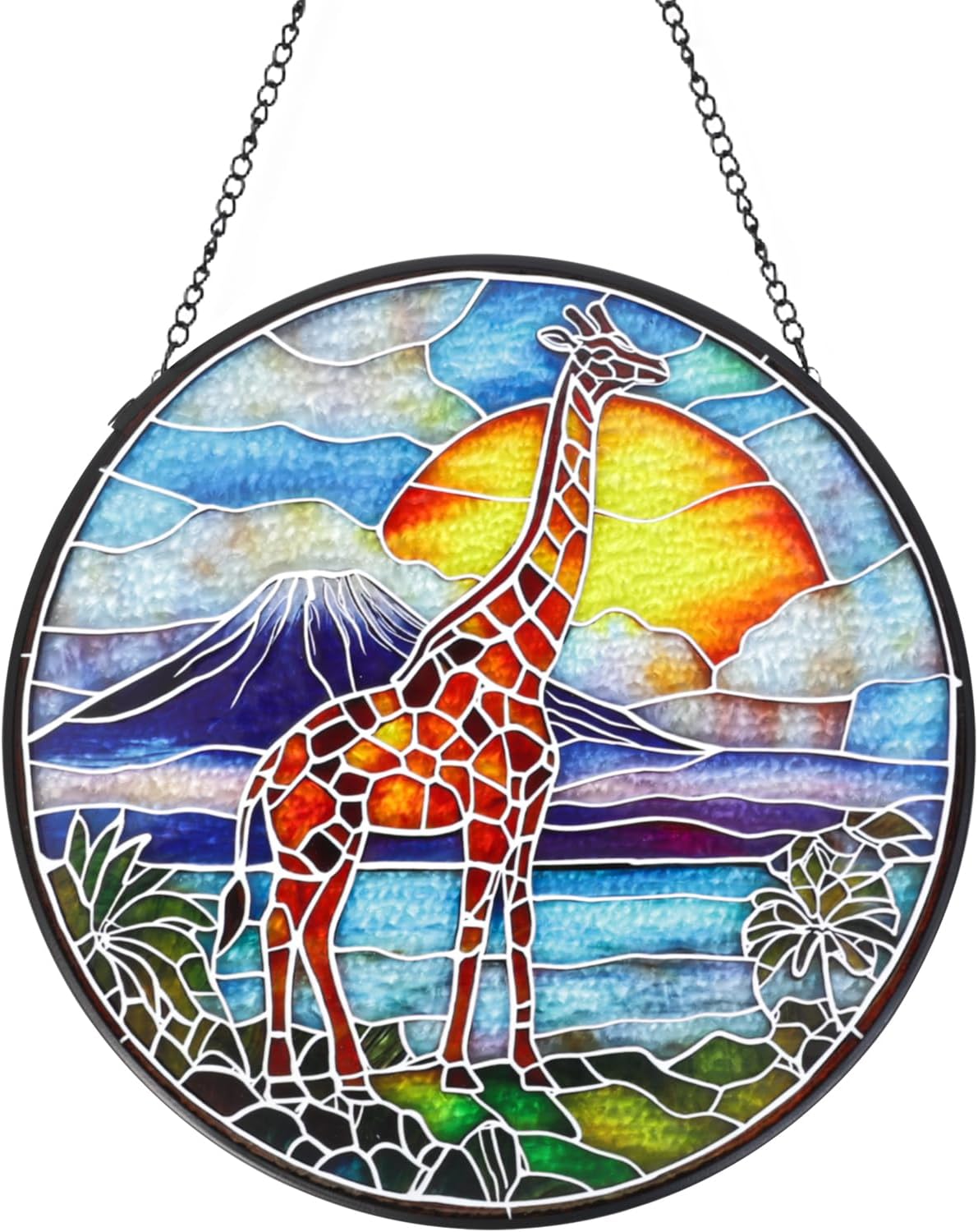 Giraffe Handmade Stained Glass Window Hanging Suncatcher with Chain - 7.9" Outdoor/Indoor Art Decor for Home Garden, Wedding, Mother's, Valentine's & Christmas Ornaments Present Gifts